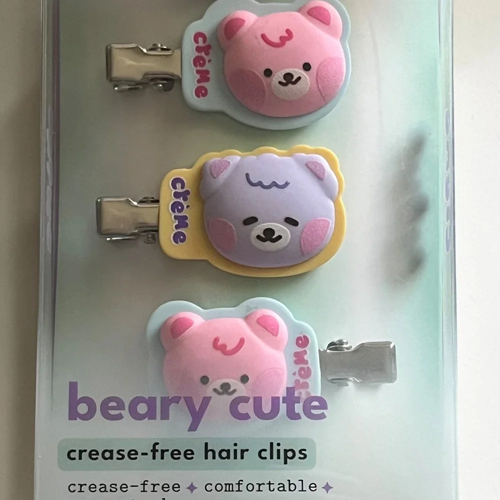The Crème Shop Beary Cute 4 Pc Hair Clips Pink Purple New Crease-Free 2pk Kawaii